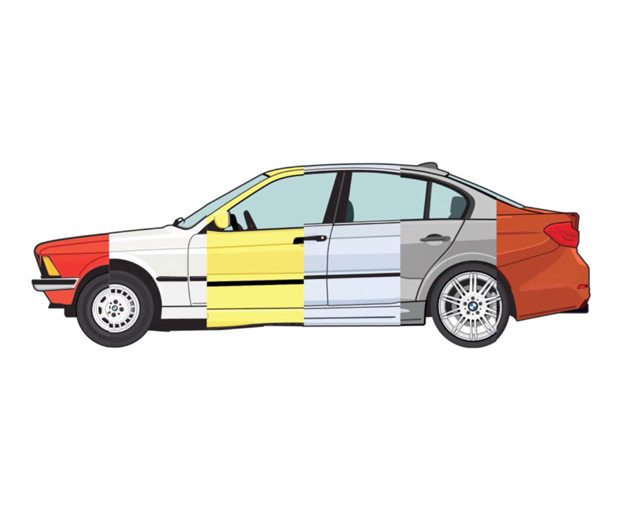 Ein BMW3er mit den verschiedenen Ansichten der 7. Generationen.