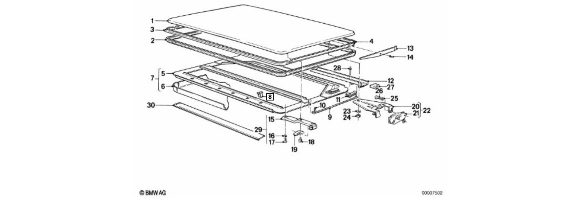 Clamp for sunroof roof liner exploded-view drawing