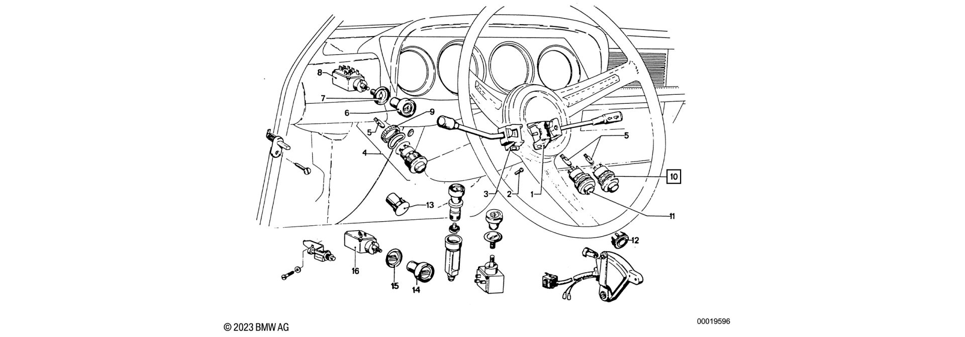 Hazard warning switch exploded-view drawing