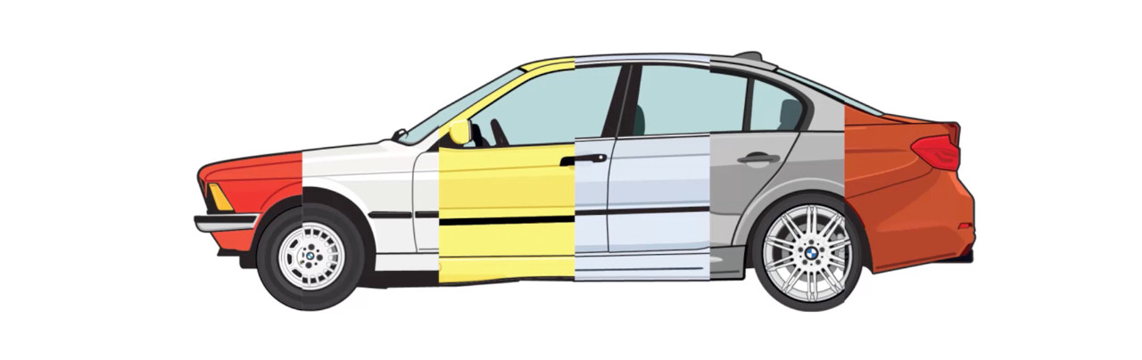 Ein BMW3er mit den verschiedenen Ansichten der 7. Generationen.