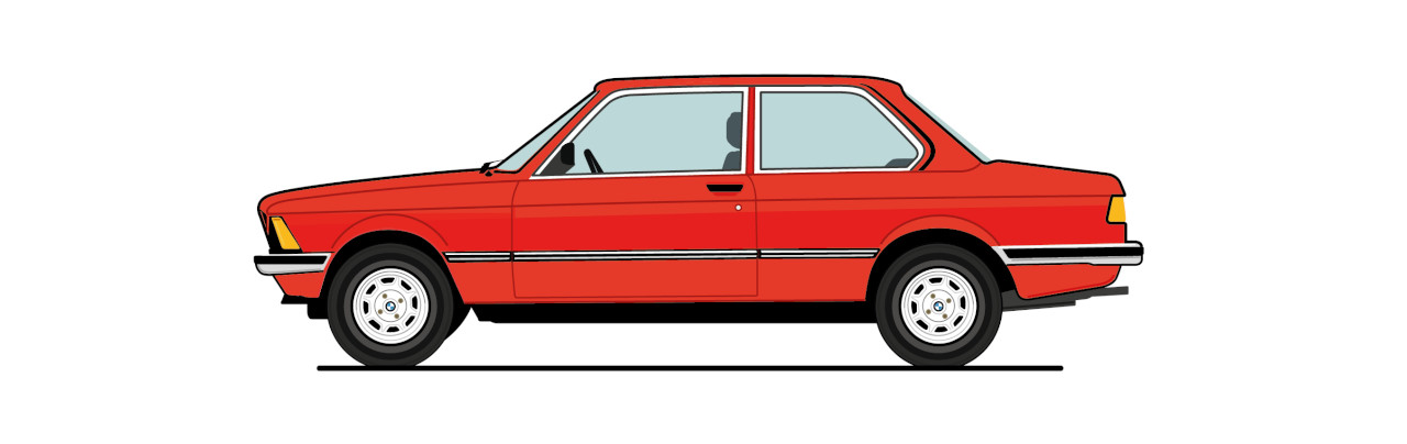 Seitenansicht eines illustrierten 3er BMW der ersten Generation