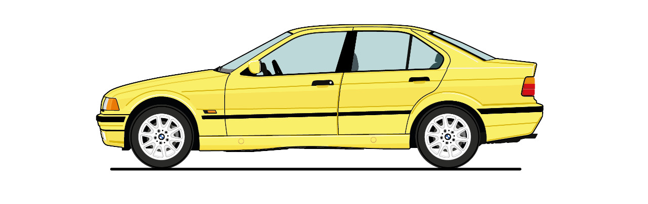 Seitenansicht eines illustrierten 3er BMW der dritten Generation