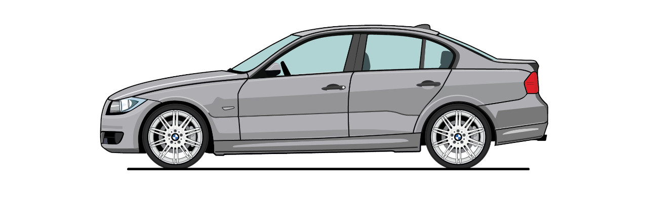 Visualisierte Seitenansicht eines 3er BMW der 5. Generation