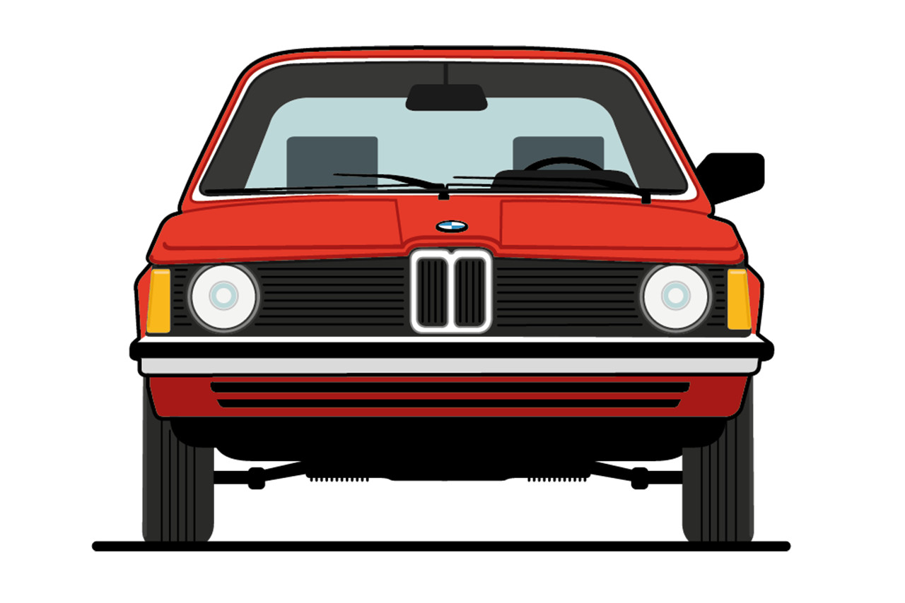 Frontansicht eines illustrierten 3er BMW der ersten Generation
