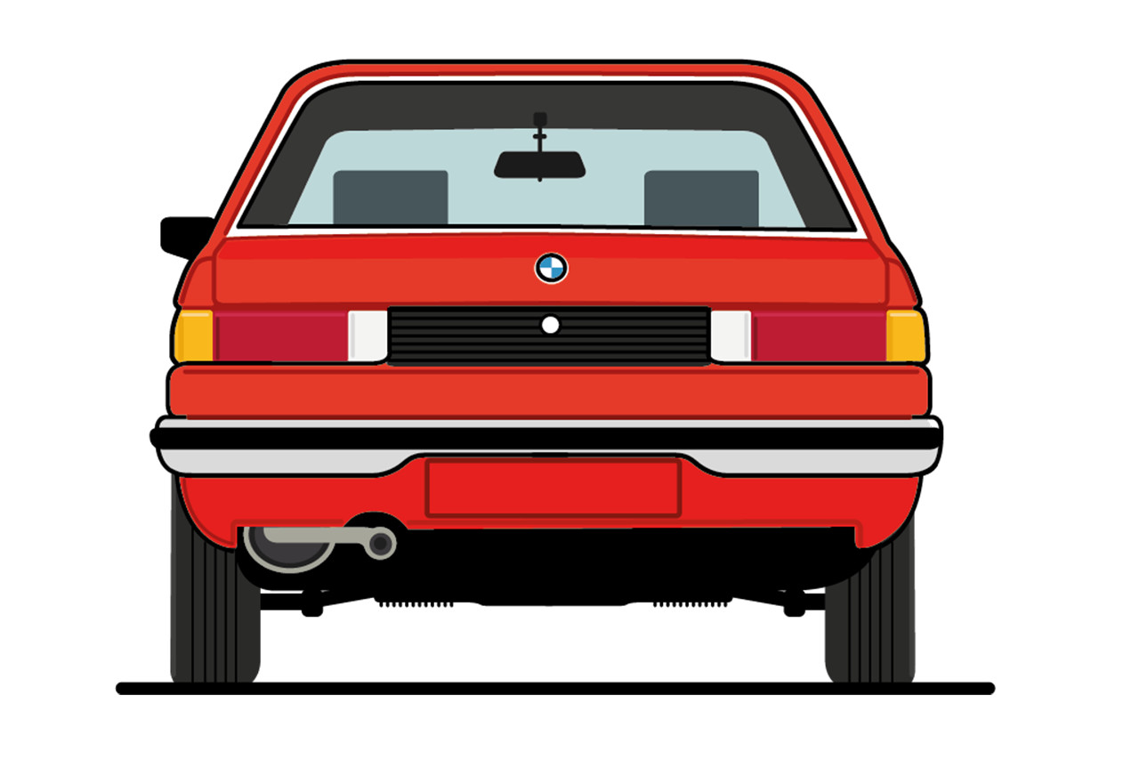 Heckansicht eines illustrierten 3er BMW der ersten Generation