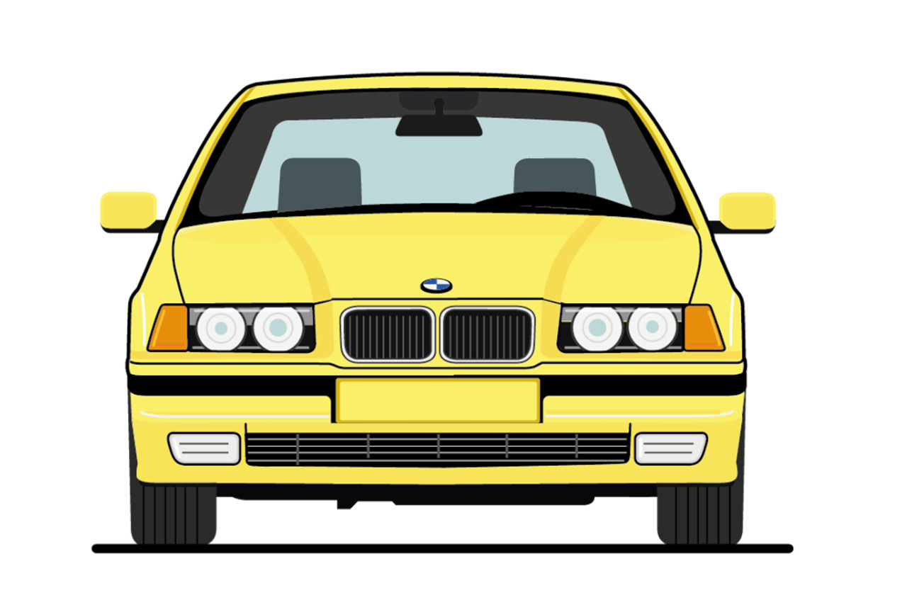 Frontansicht eines illustierten 3er BMW der dritten Generation