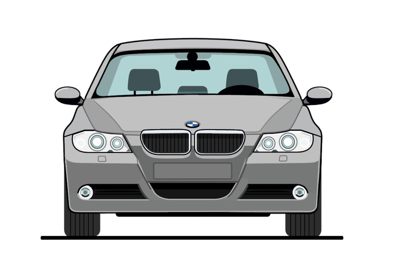 Illustrierte Frontansicht eines 3er BMW der 5. Generation