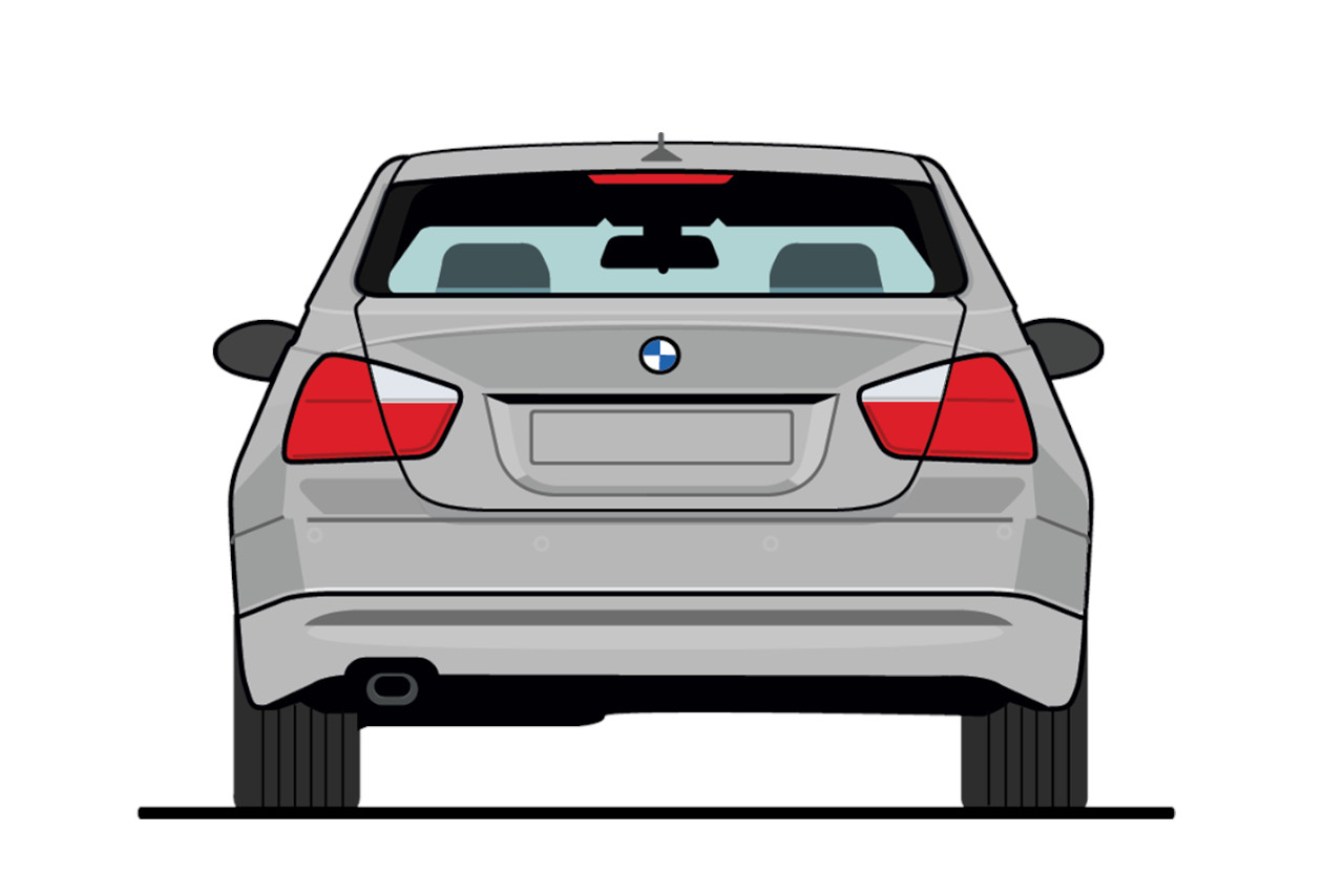 Visualisierte Heckansicht eines 3er BMW der 5. Generation