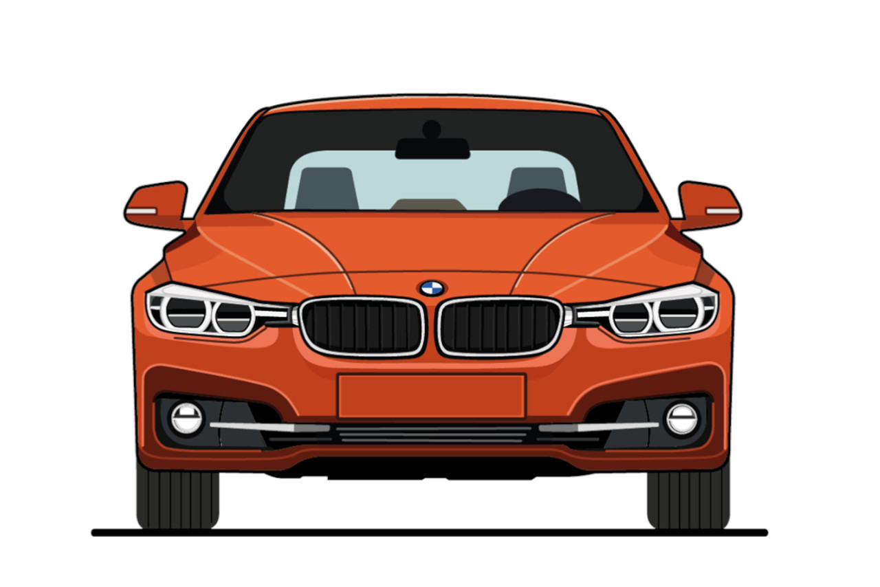Illustrierte Frontansicht eines 3er BMW der 6. Generation
