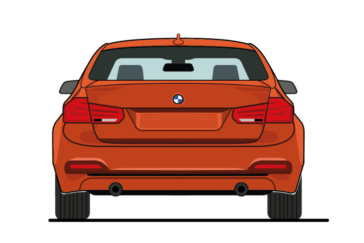 Illustrierte Heckansicht eines orangenen 3er BMW der 6. Generation