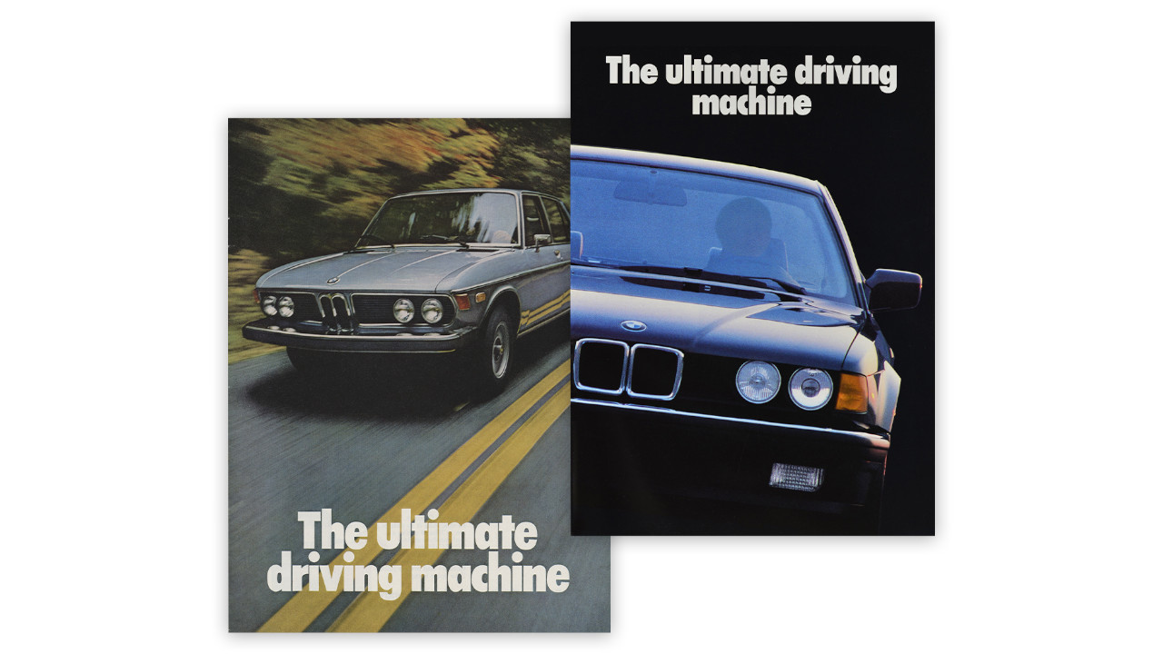 Zwei Werbeplakate aus dem Jahr 1972 mit dem Slogan "The ultimate driving machine"