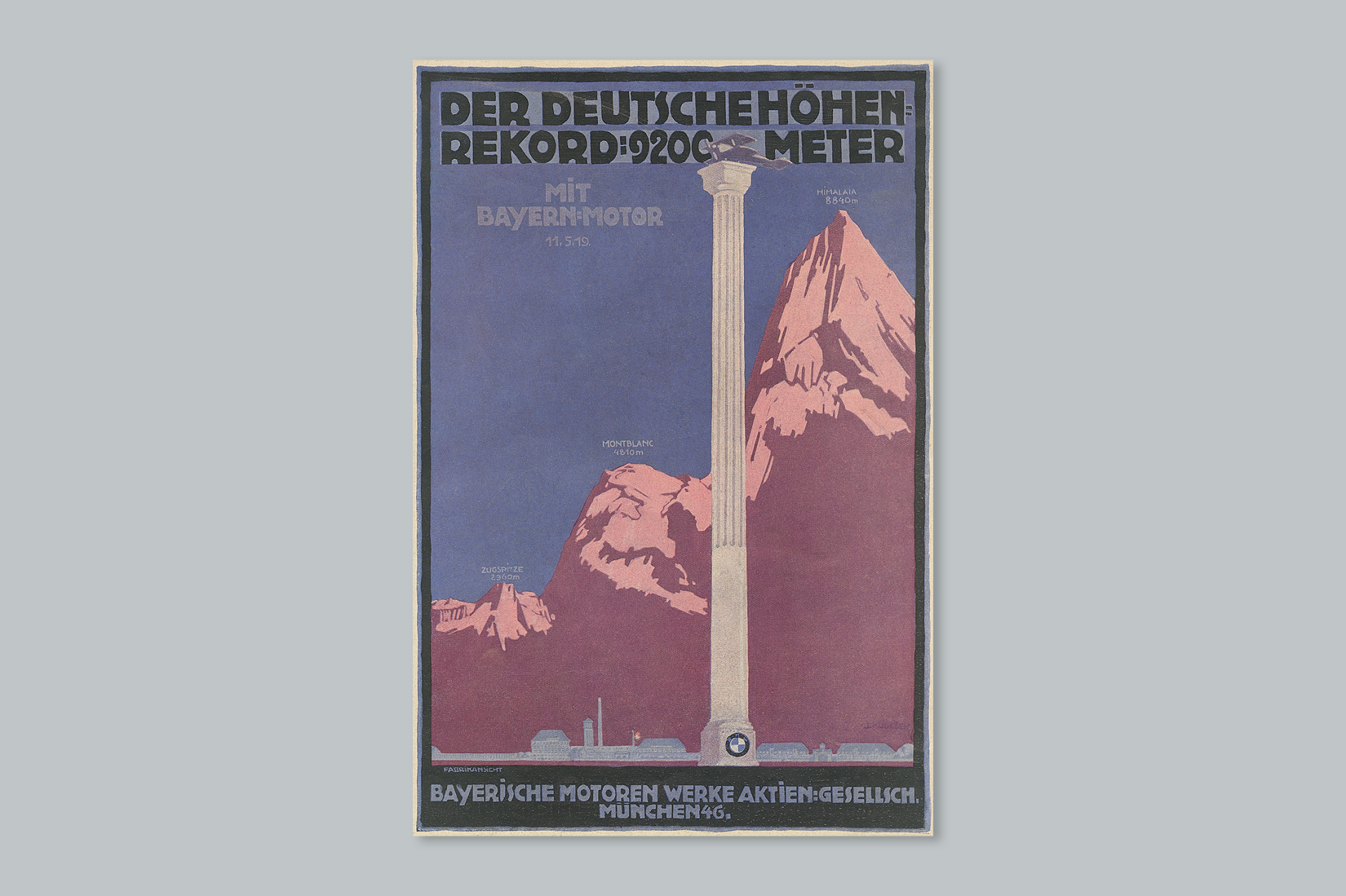 Historisches BMW Werbeplakat mit dem Deutschen Höhenrekord von 9200 Metern.