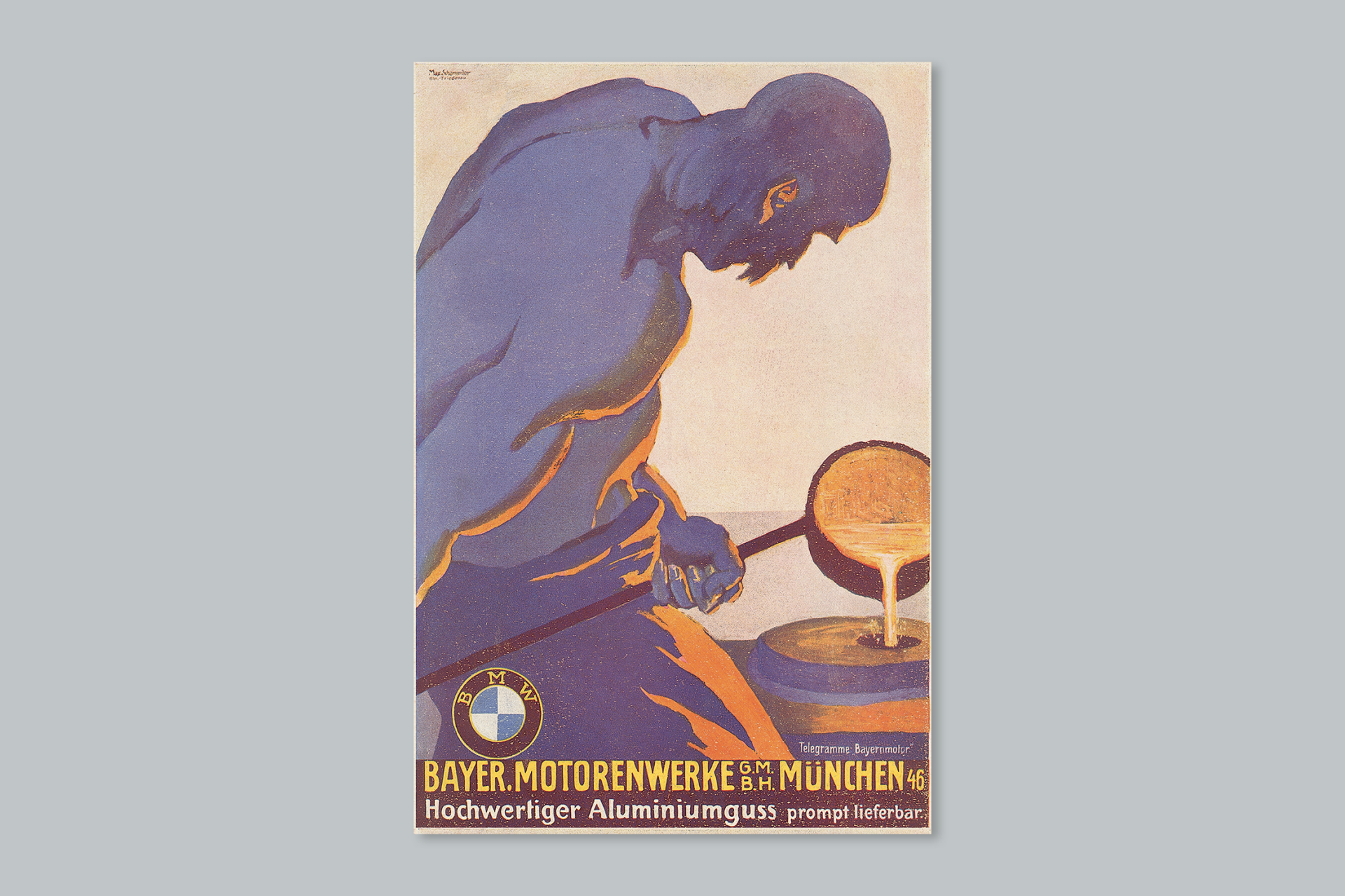 Historisches Werbeplakat mit einem Mann in der Aluminiumgiesserei darauf