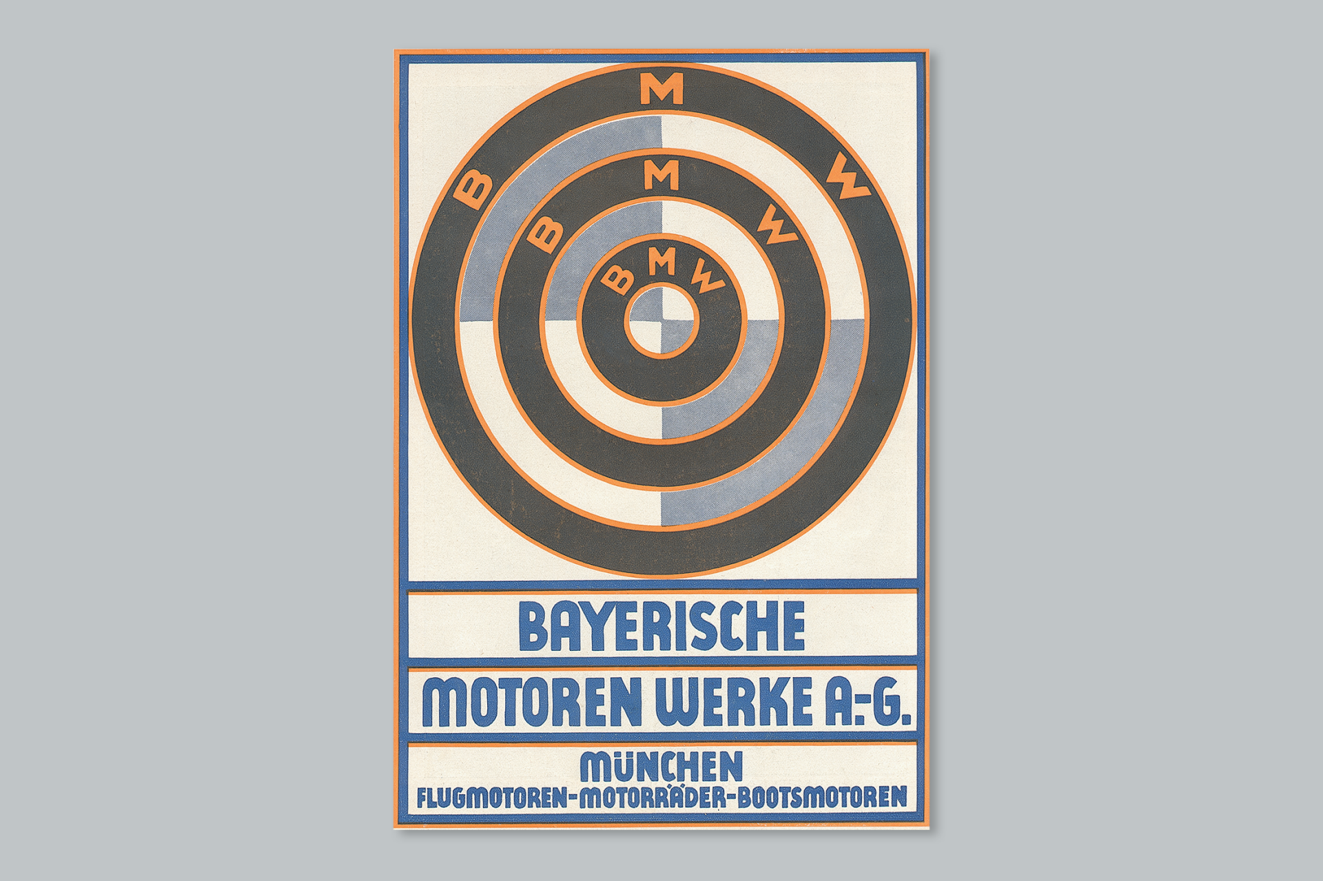 Historisches BMW Werbeplakat für Flugmotoren, Motorräder und Bootsmotoren.