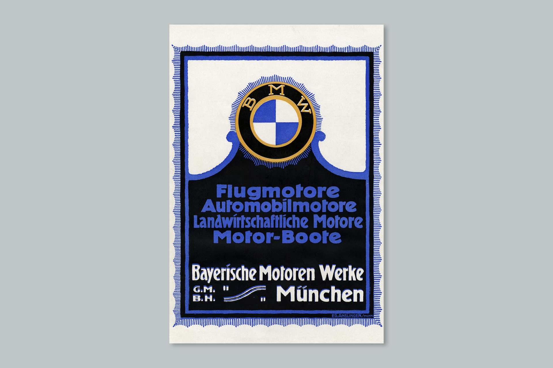 Historisches BMW Werbeplakat für Flugmotoren, Automolbilmotoren, Landwirtschaftliche Motoren und Motorboote.