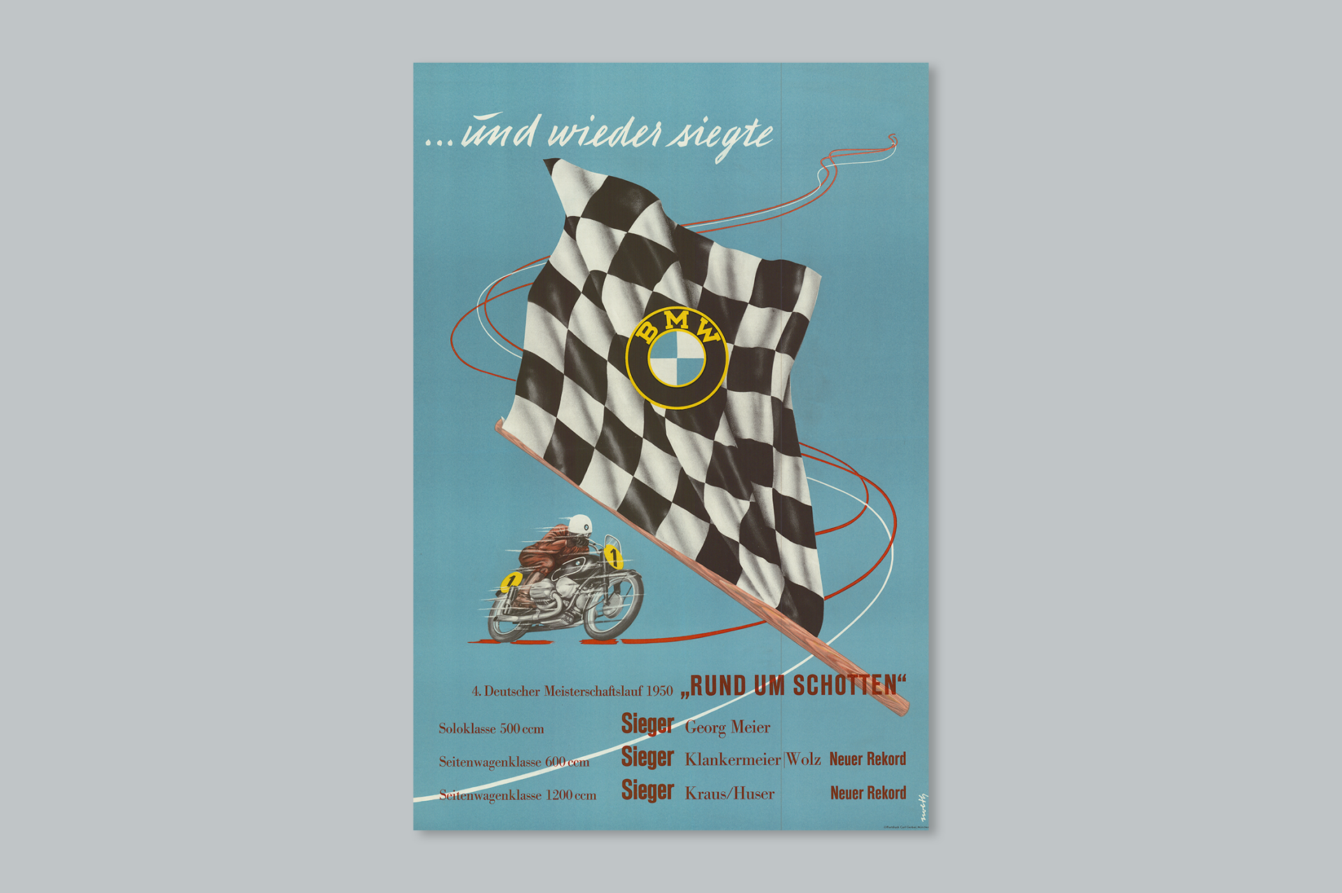 Historisches BMW Motorrad Werbeplakat des Gewinners des 4. Deutschen Meisterlaufes 1950