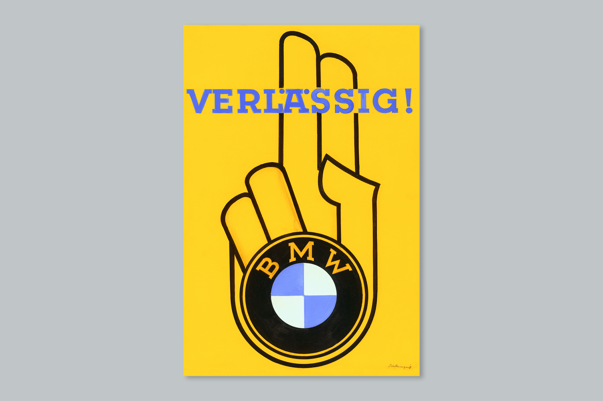 Historisches Werbeposter einer Hand mit dem BMW Logo darauf und der aufschrift "Verlässig"