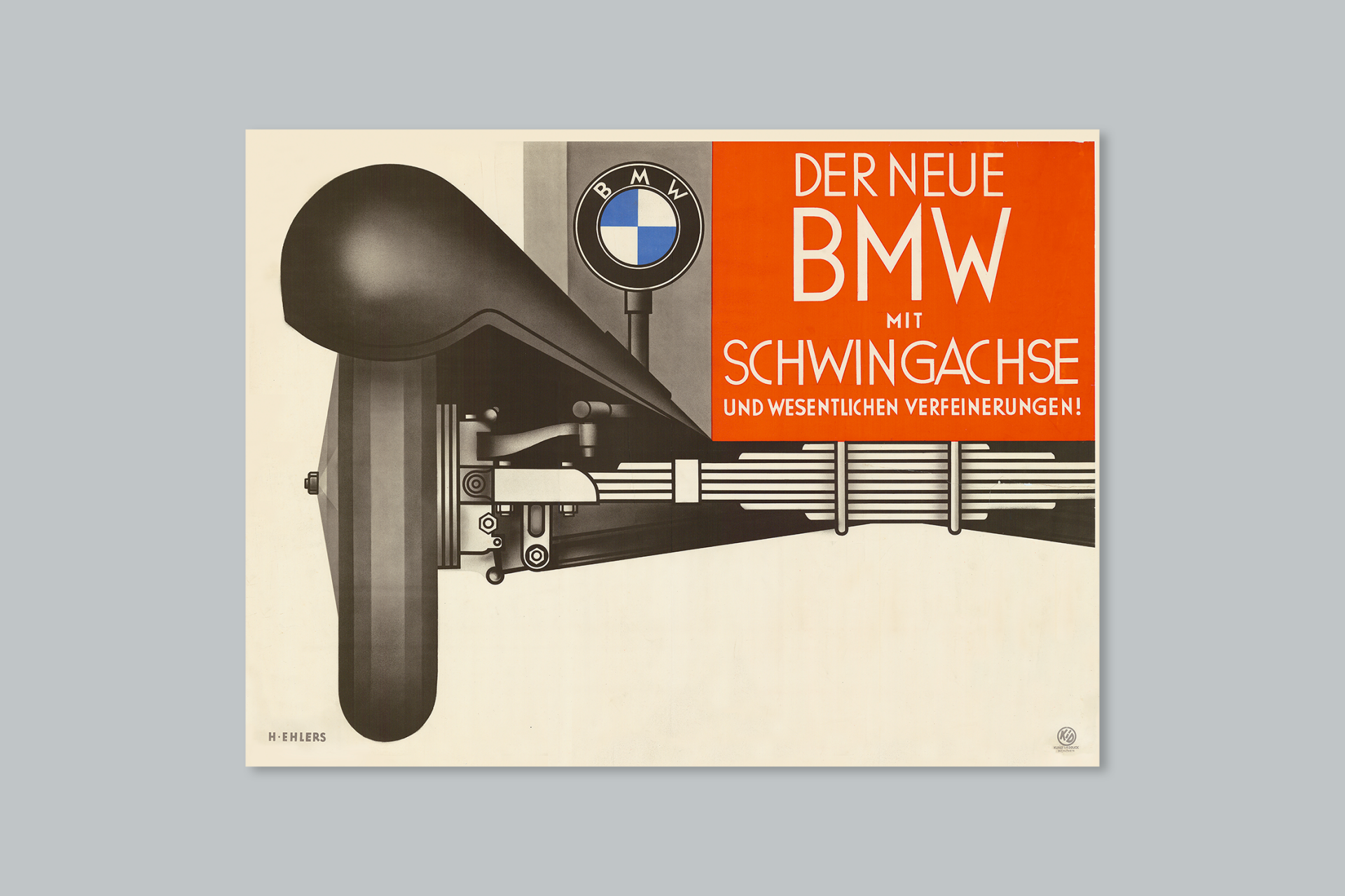Historisches BMW Werbeplakat des neuen BMW mit Schwingachse.