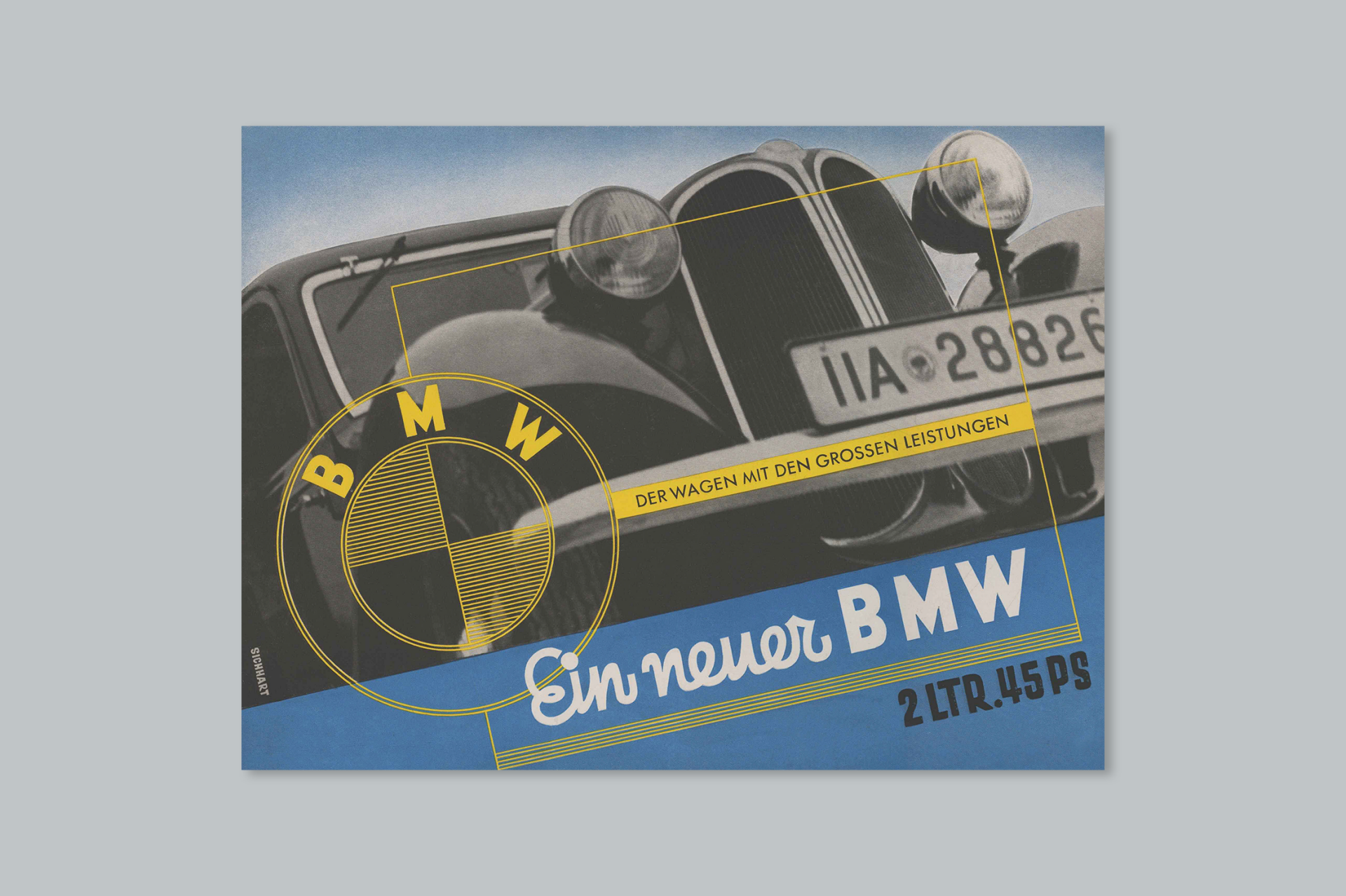 Historisches Werbeplakat eines neuen 2 Liter 45 PS BMW.