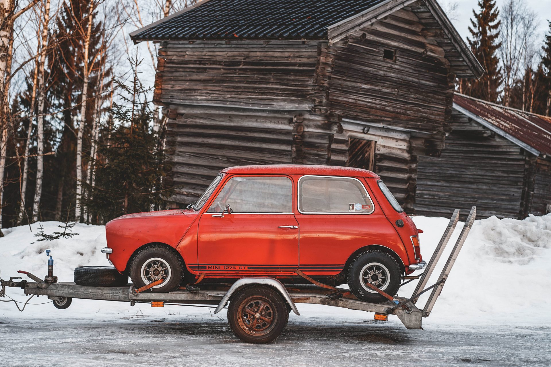 Classic Mini on trailer