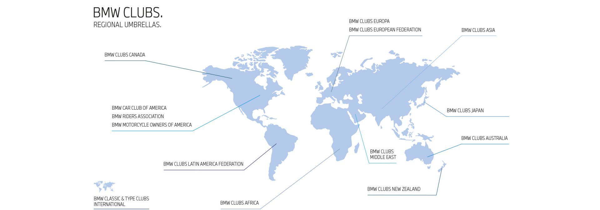 World map with the names of the BMW Clubs