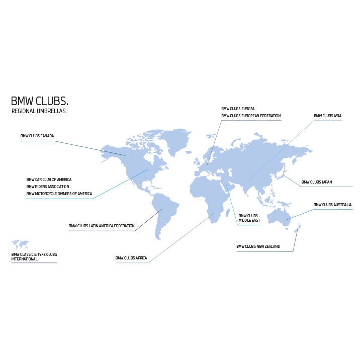 World map with the names of the BMW Clubs