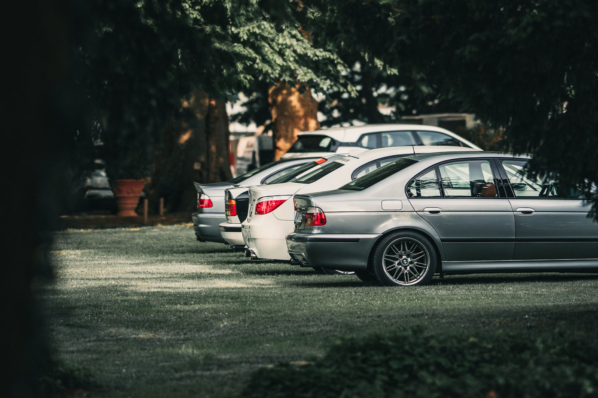 View into the park of Villa d'Este with numerous classic BMWs.