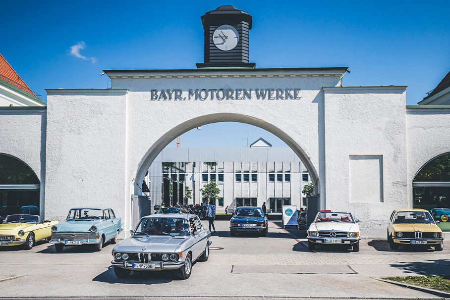 View of one of the oldest buildings at the original BMW plant, today the entrance gate of BMW Group Classic and a popular photo subject for classic car enthusiasts from all over the world.