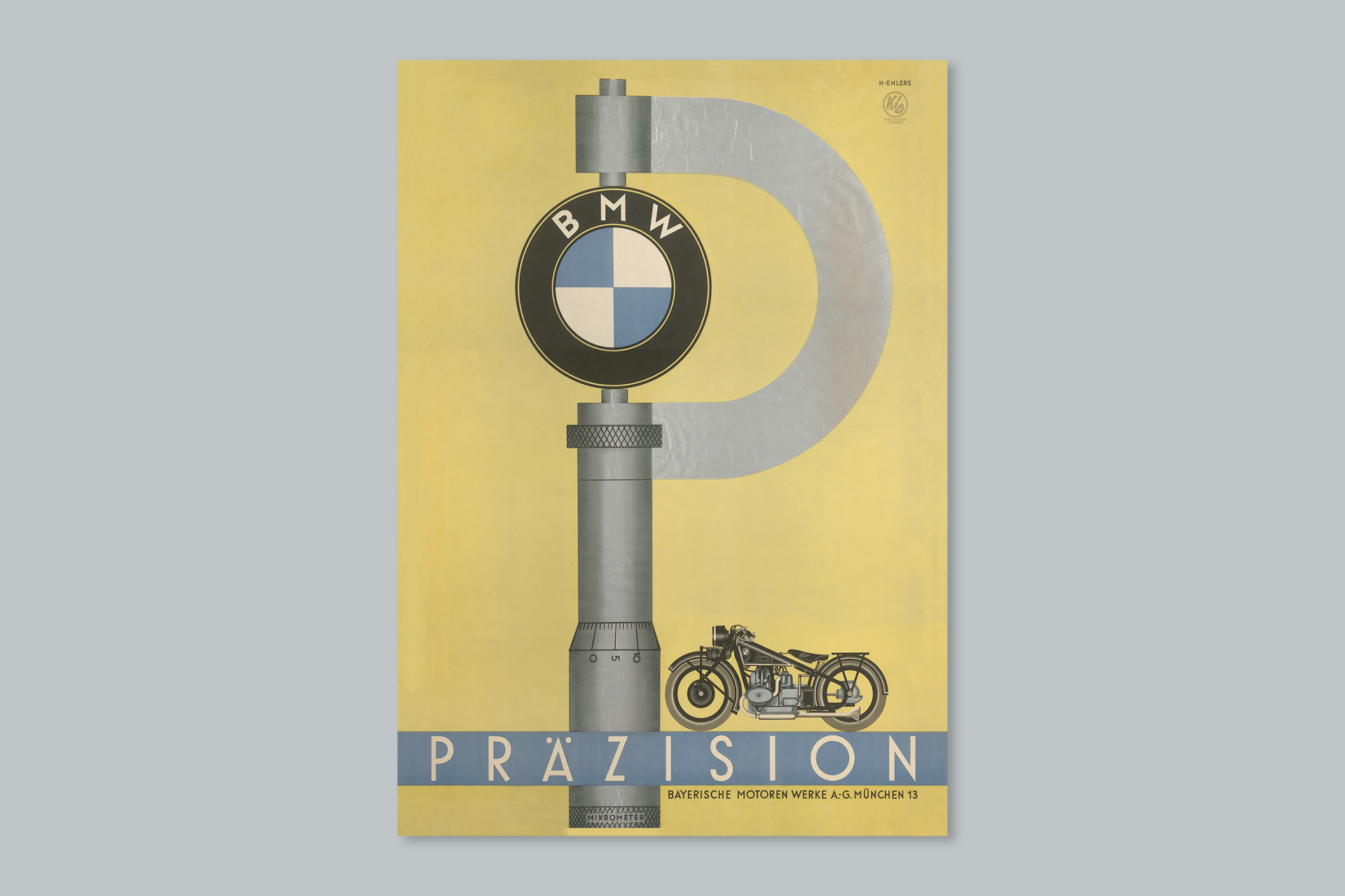 Historic BMW poster from 1928 with a motorcycle on it saying "precision"