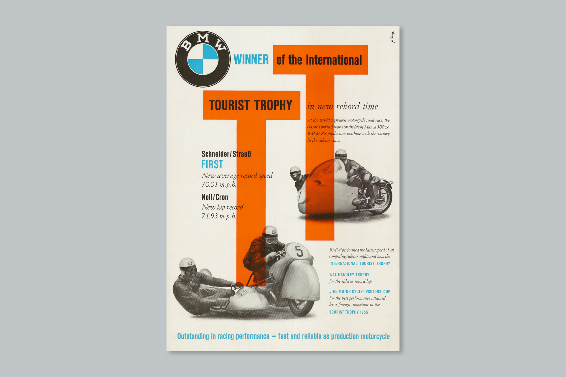 Historic BMW poster from 1955 with the winner of the Tourist Trophy on it.