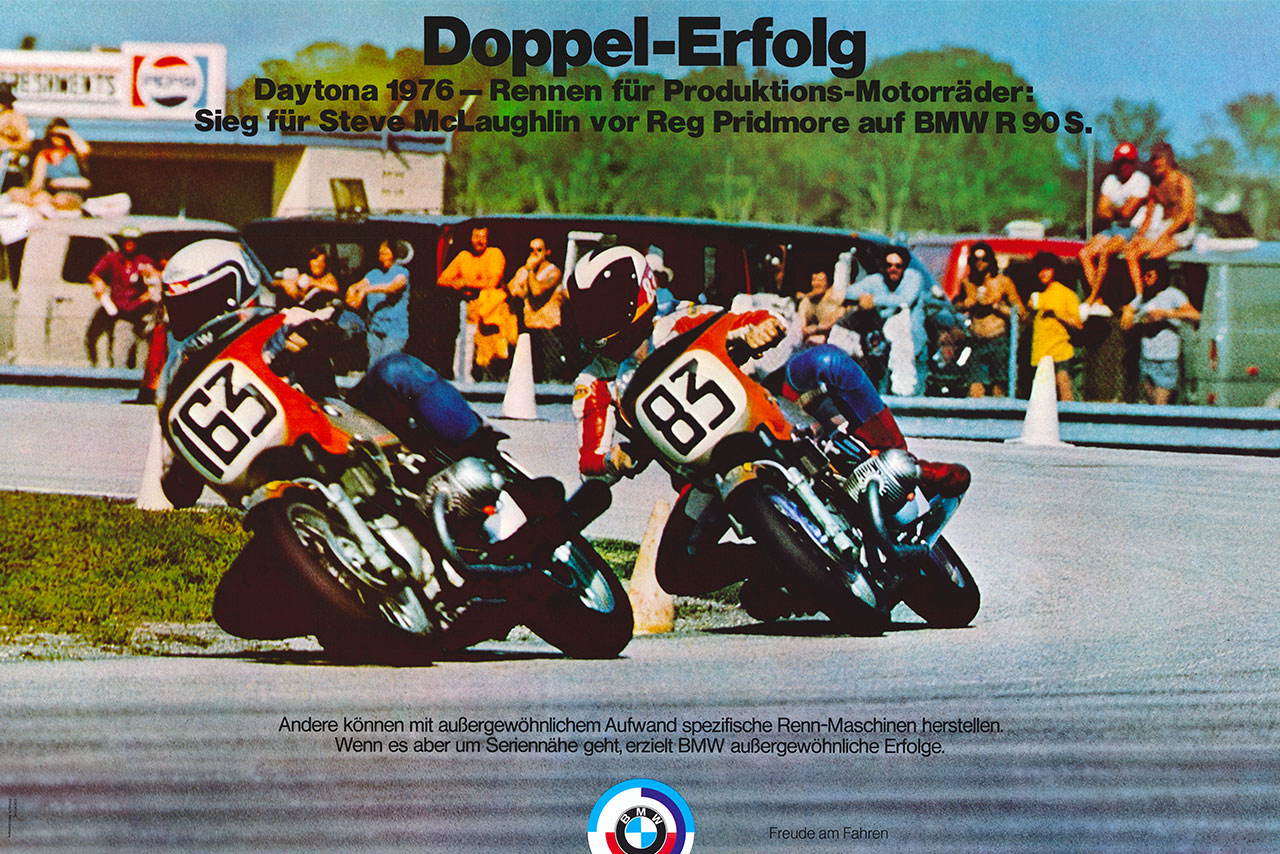 Two racers competing closely during the 1976 Daytona motorcycle race.