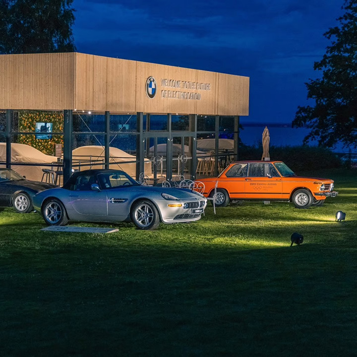 BMW Art Cars parked on a meadow in front of a museum.