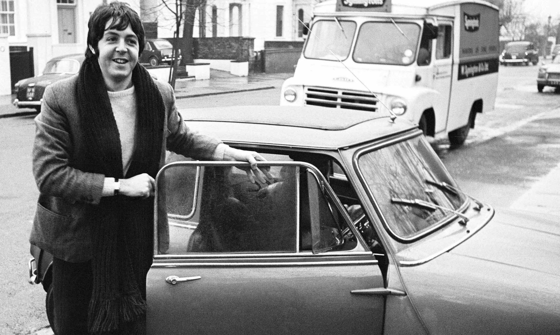 Paul McCartney of the Beatles with his mini car 27th December 1967 (Photo by Wilson/Mirrorpix/Mirrorpix via Getty Images)
