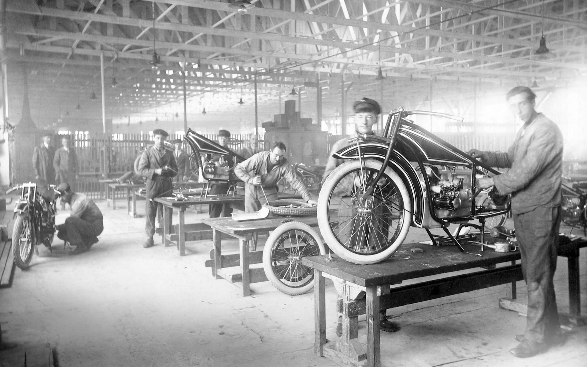 Snapshot showing production of the first BMW motorcycle in 1923.
