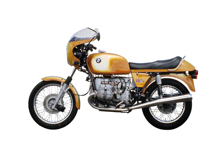 Side view of the BMW R 90 S in classic yellow and orange color.