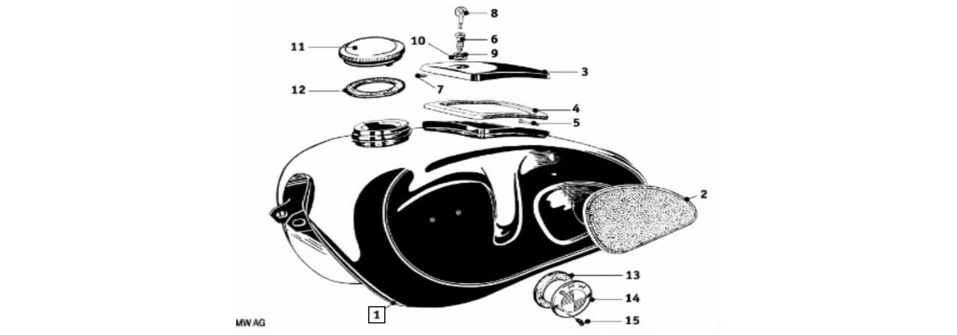 Exploded-view drawing fuel tank (Schorsch Meier)