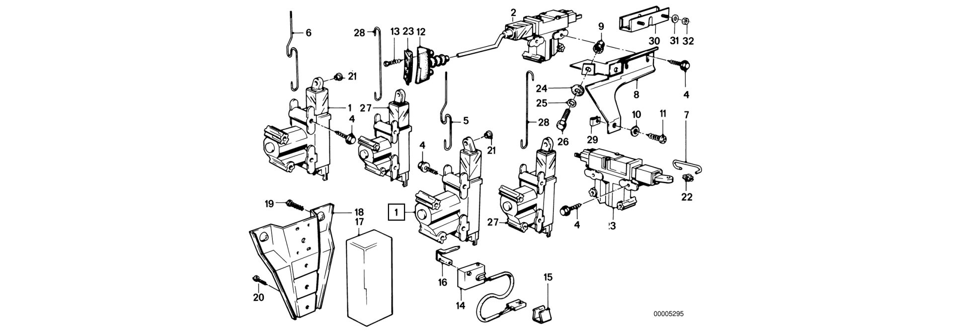 Exploded-view drawing actuator central locking system (front door)