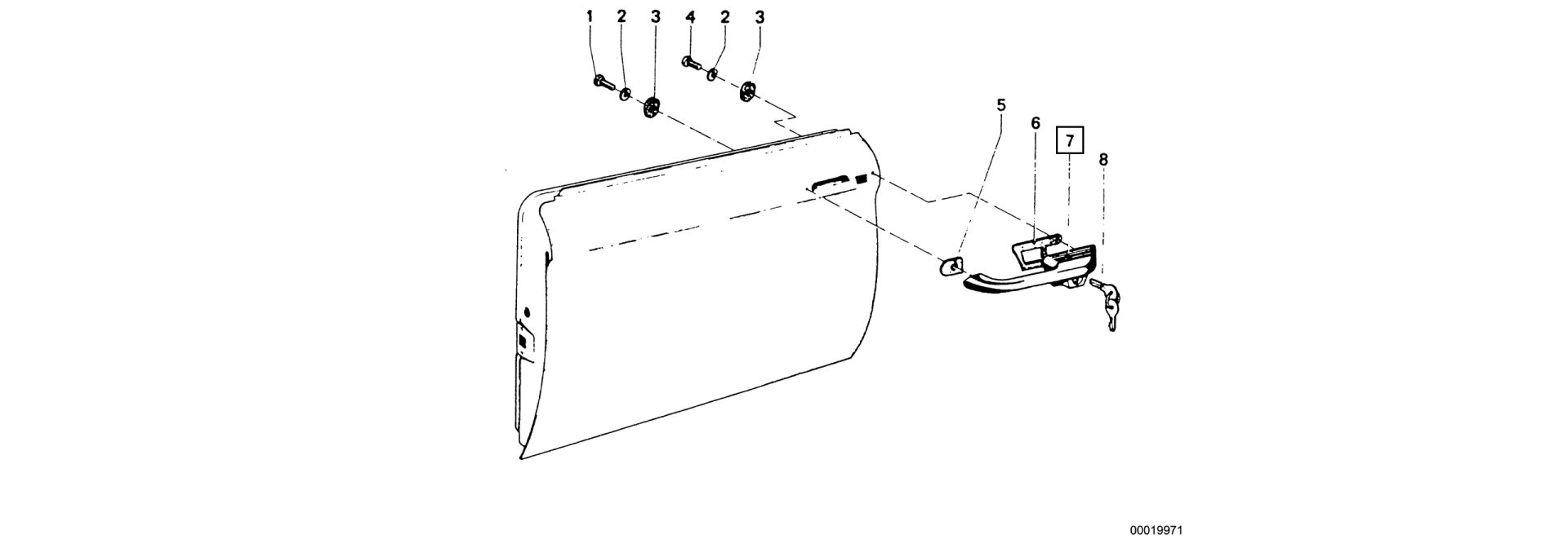Exploded-view drawing catch with key (right)