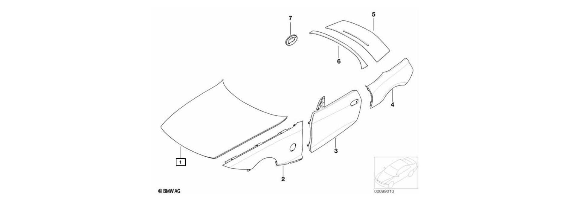 Exploded view drawing M aluminium engine bonnet