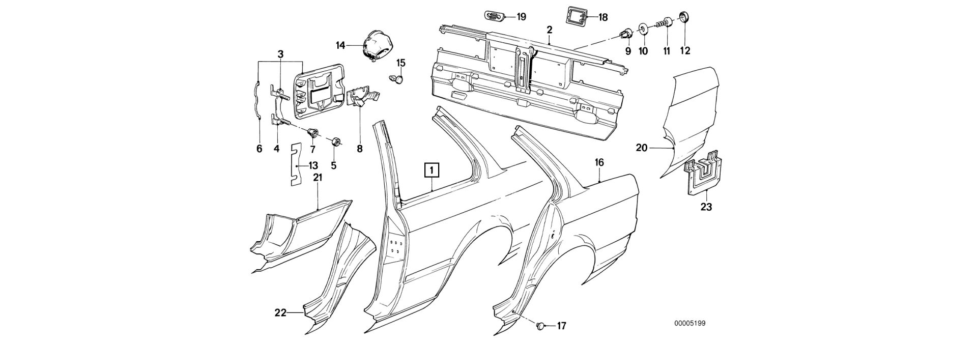 Exploded-view drawing rear side panel