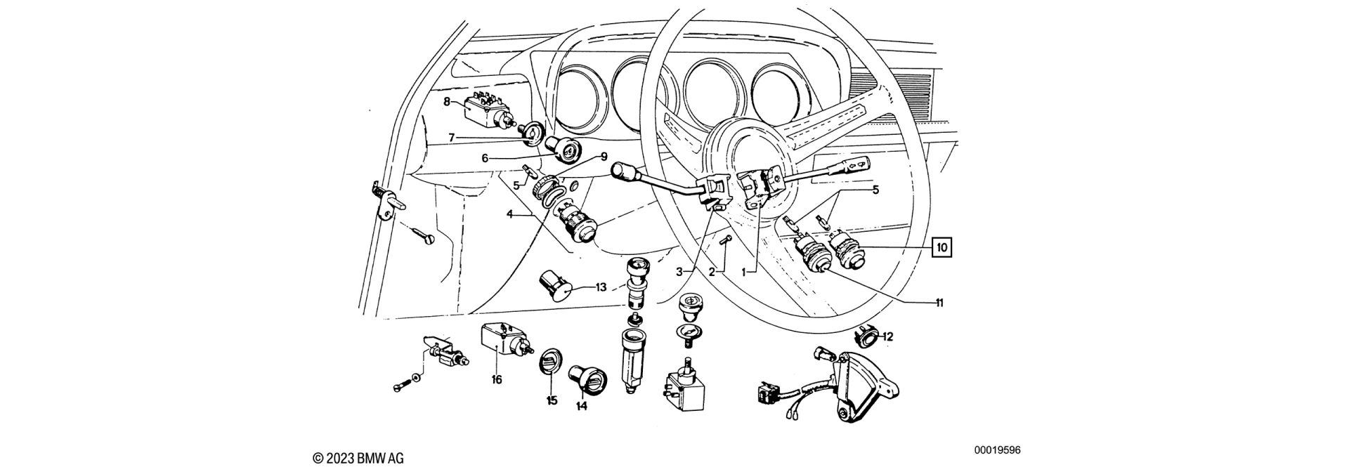 Exploded-view drawing hazard warning switch