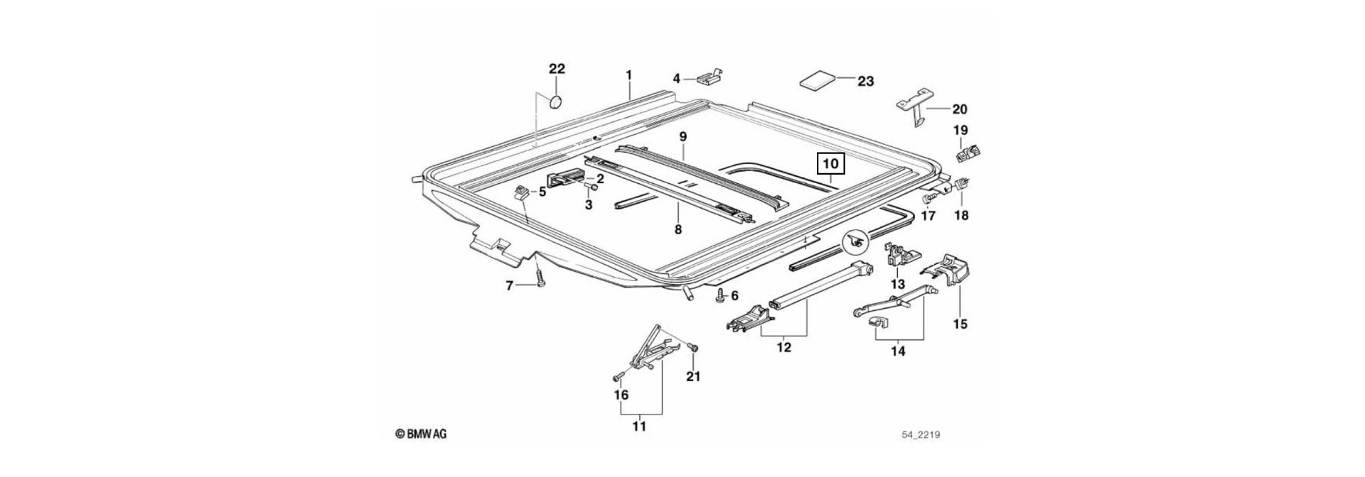 Exploded view drawing sliding roof frame gasket