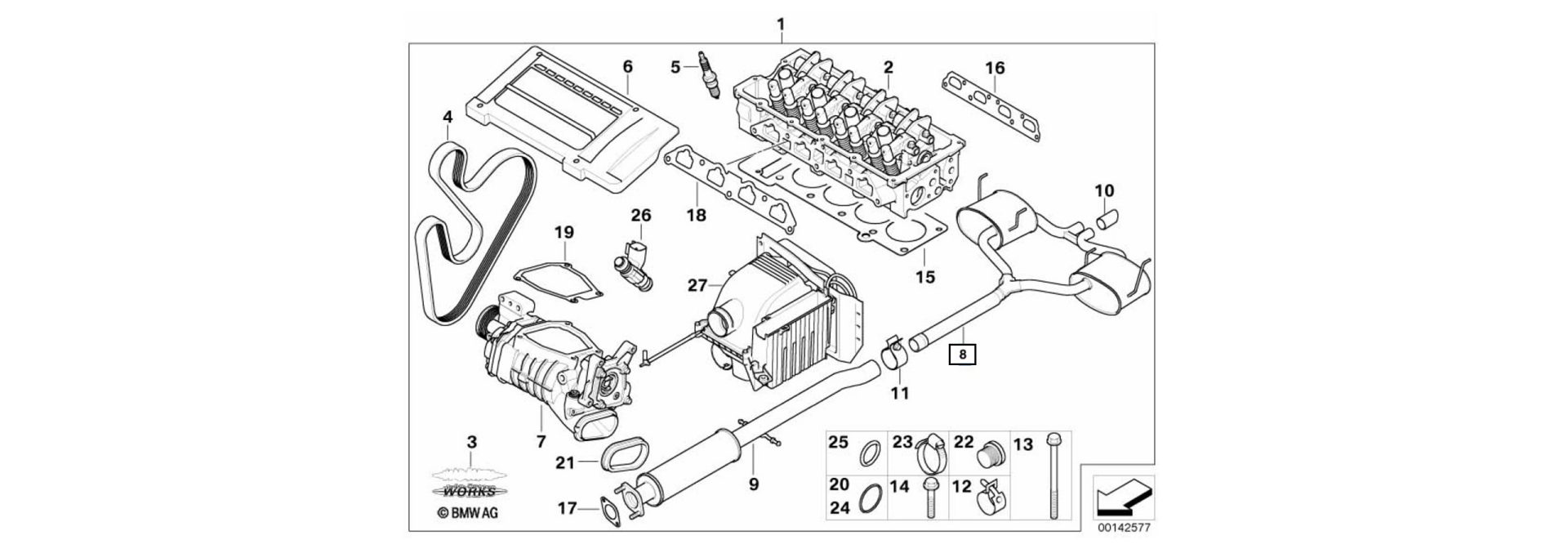 Exploded view drawing sports rear silencer