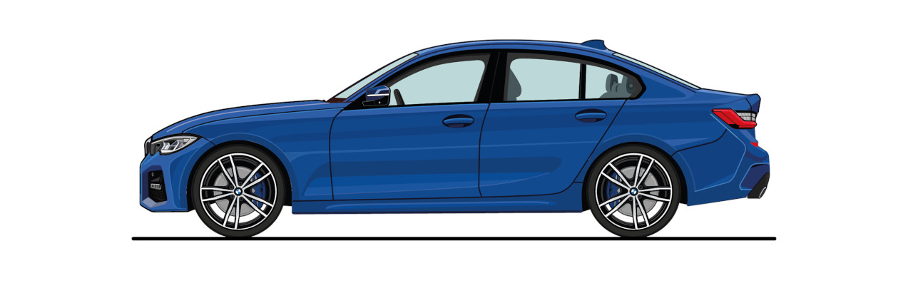 Illustrated Side view of a blue BMW 3 series