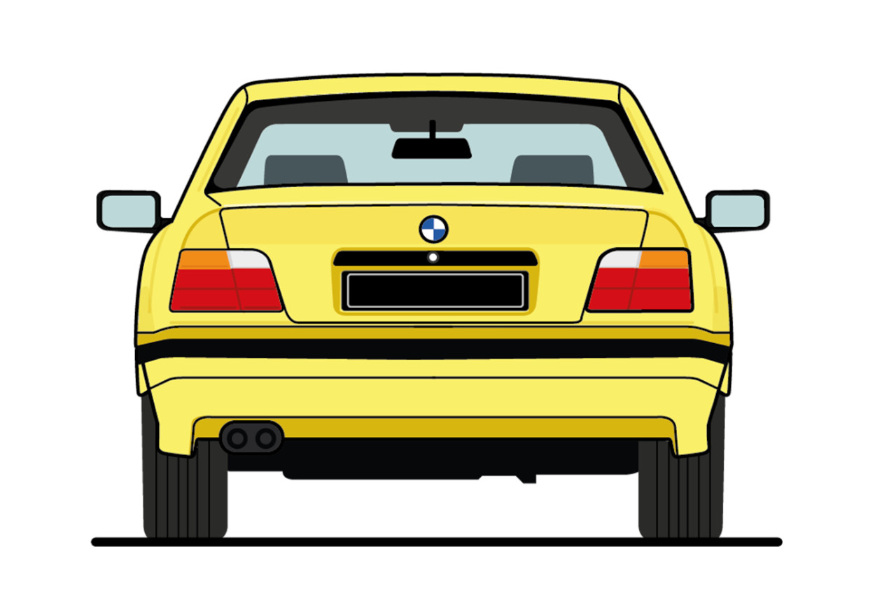 Back of a yellow BMW 3 series (3rd generation) 
