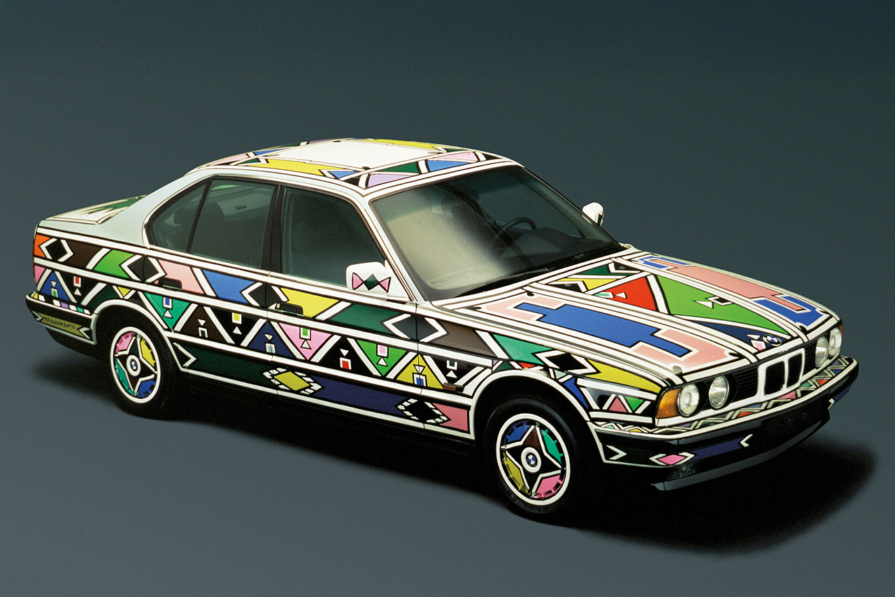 BMW 525i Art Car with colorful forms on it 